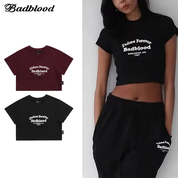 BADBLOOD バッドブラッド クロップTシャツ Athletic Classic Logo Heavyweight Baby Tee レディース ブラック レッド (2)