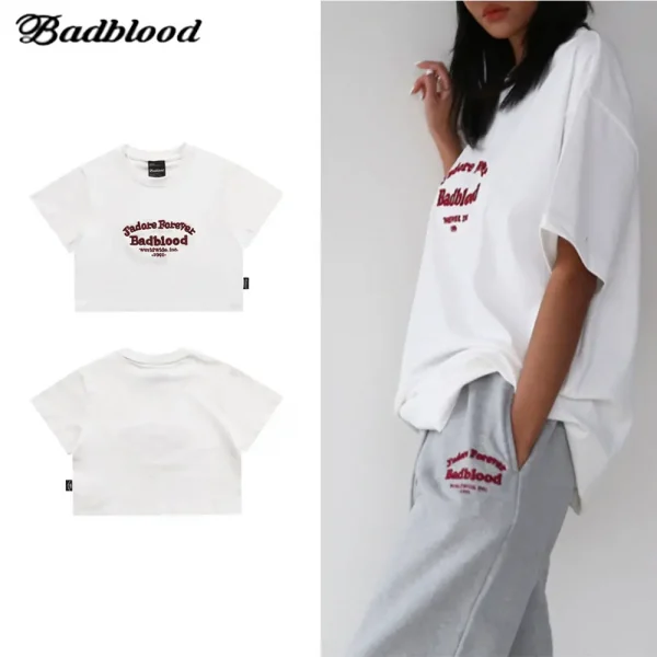 BADBLOOD バッドブラッド クロップTシャツ Athletic Classic Logo Heavyweight Baby Tee レディース ホワイト (1)