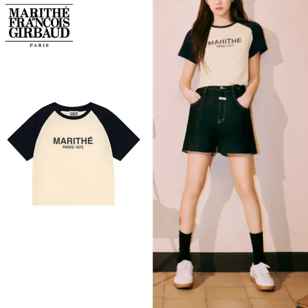 Marithe + Francois Girbaud マリテフランソワジルボー Tシャツ RAGLAN REGULAR LOGO TEE 24SS春夏 レディース ベージュ×ネイビー (1)