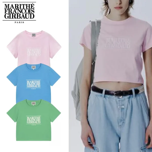 Marithe + Francois Girbaud マリテフランソワジルボー Tシャツ W CLASSIC LOGO CROP TEE 24SS春夏 レディース グリーン ピンク ブルー (4)