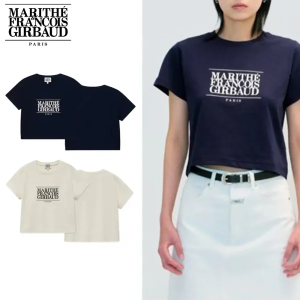 Marithe + Francois Girbaud マリテフランソワジルボー Tシャツ W CLASSIC LOGO CROP TEE 24SS春夏 レディース ベージュ ネイビー (2)