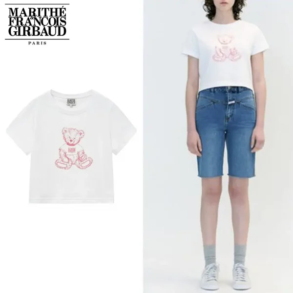 Marithe + Francois Girbaud マリテフランソワジルボー Tシャツ W DOODLE BEAR CROP TEE 24 SS春夏 レディース ホワイト×ピンク (7)