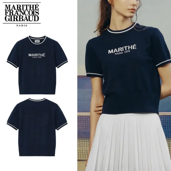 Marithe + Francois Girbaud マリテフランソワジルボー ニットTシャツ MOUVEMENT W LOGO HALF KNIT 24SS春夏 レディース DARK NAVY  (1)