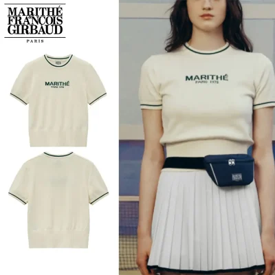 Marithe + Francois Girbaud マリテフランソワジルボー ニットTシャツ MOUVEMENT W LOGO HALF KNIT 24SS春夏 レディース IVORY (1)(1)