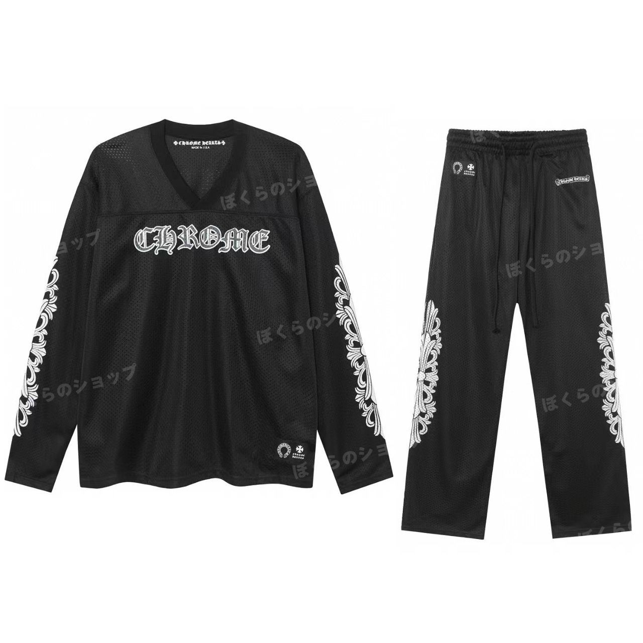 Chrome Hearts | クロムハーツ セットアップ 長袖 Ｔシャツ ブラック ロンT ズボン ロングパンツ メッシュ生地 秋着 秋着 黒 緑  水色 ブラック グリーン ライトブルー – Simpl White